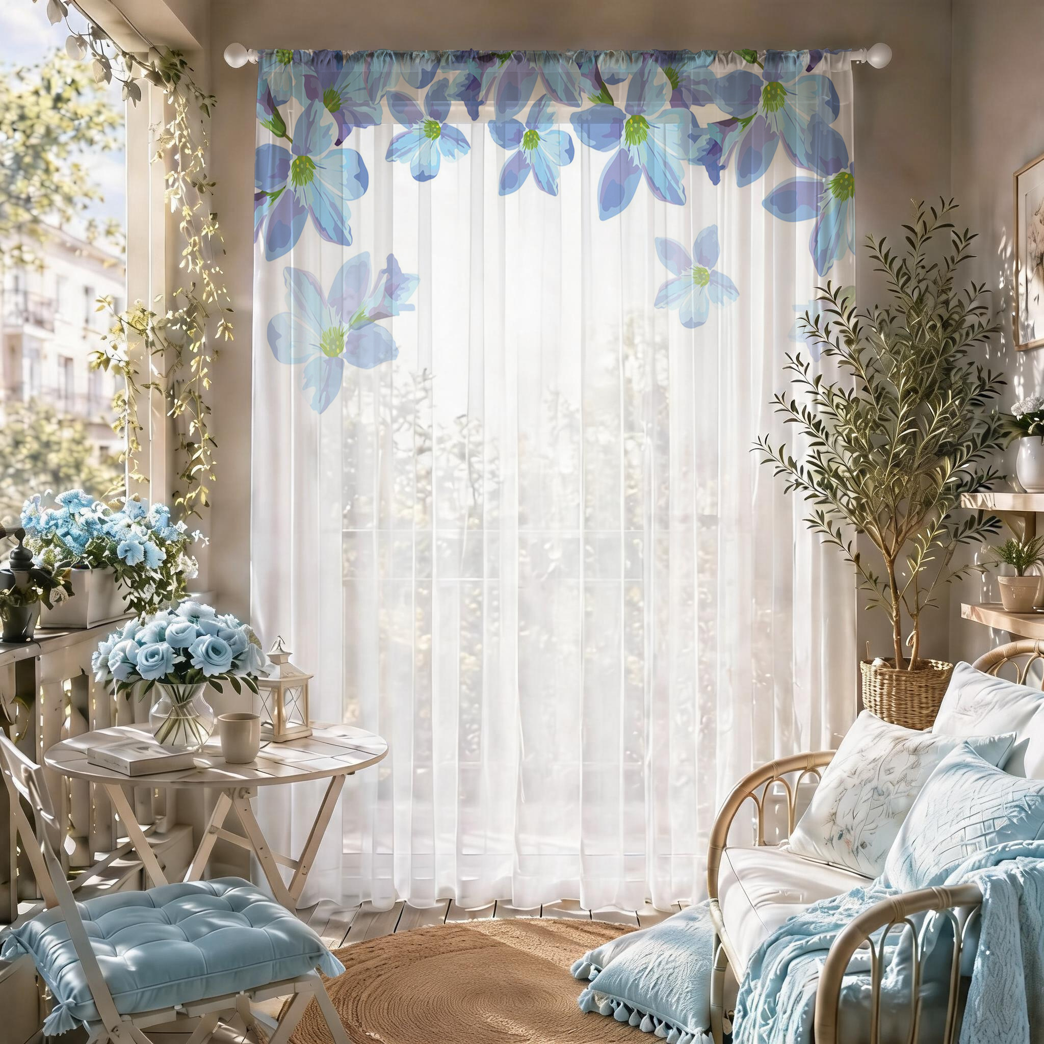 Curtain Sheer Voile - Blue Floral Gradient Sheer Curtain, Good